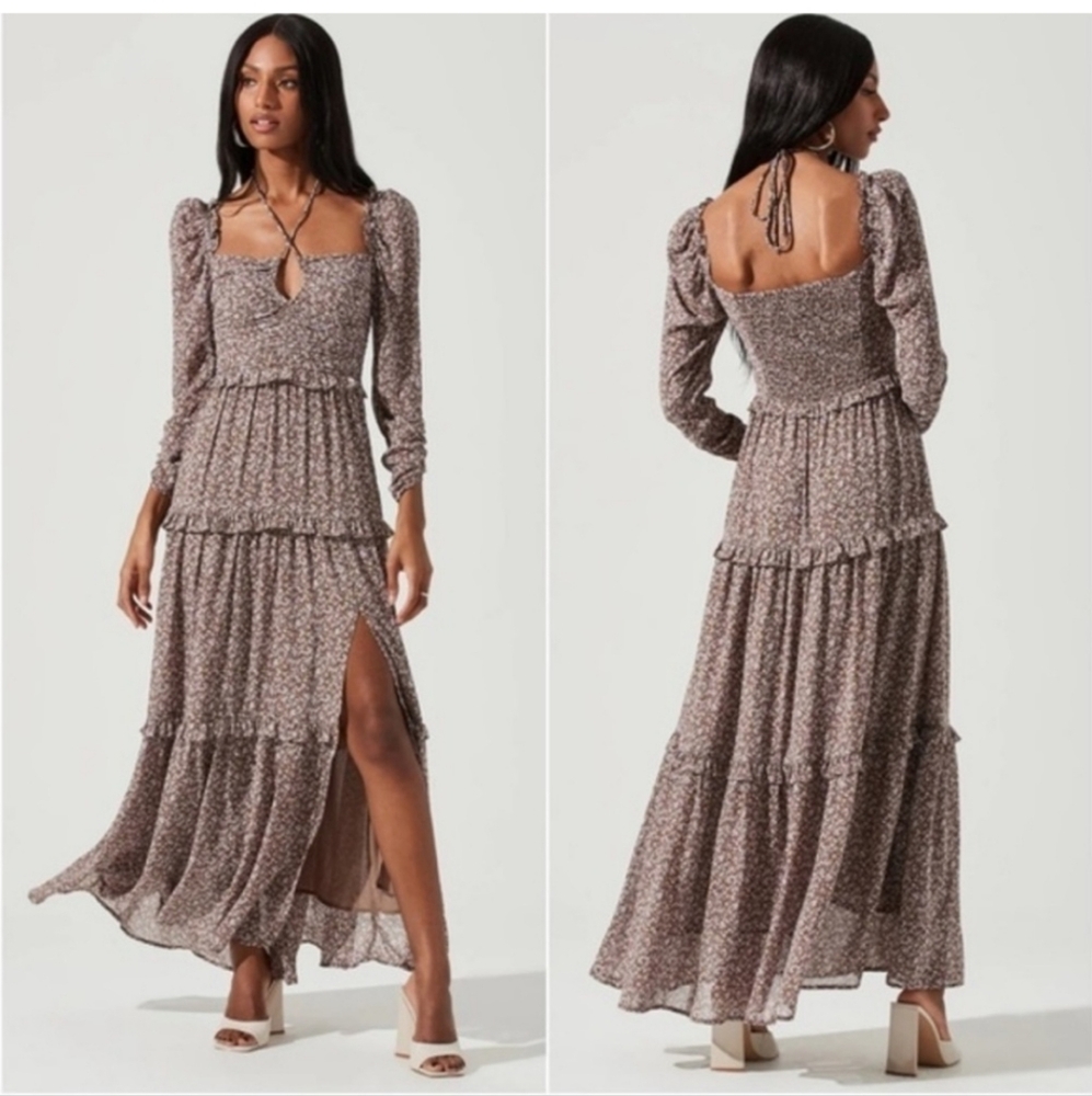 NWT ASTR the Label Lovestruck floral Halter Maxi Dress brown purple XS